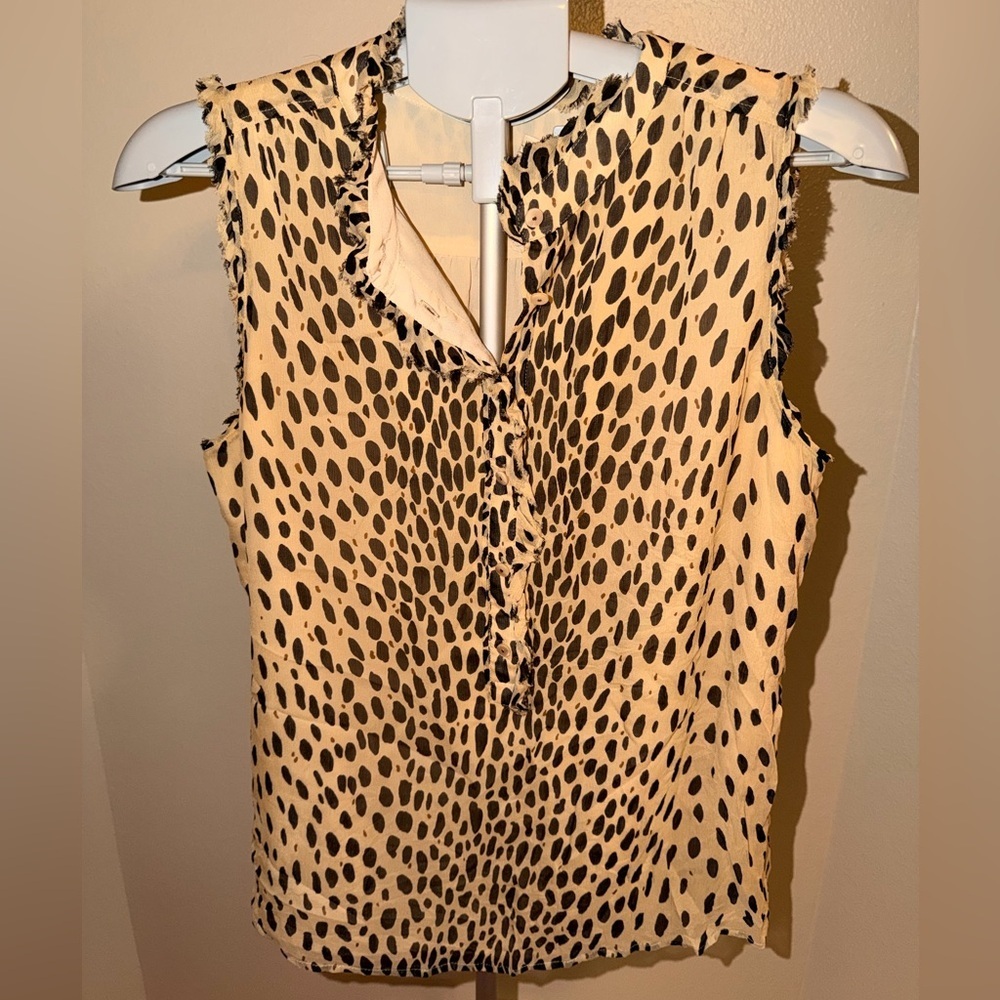 J.Crew 100% Silk Sleeveless Blouse Leopard Print Frayed Trim Size 6 Fully Lined